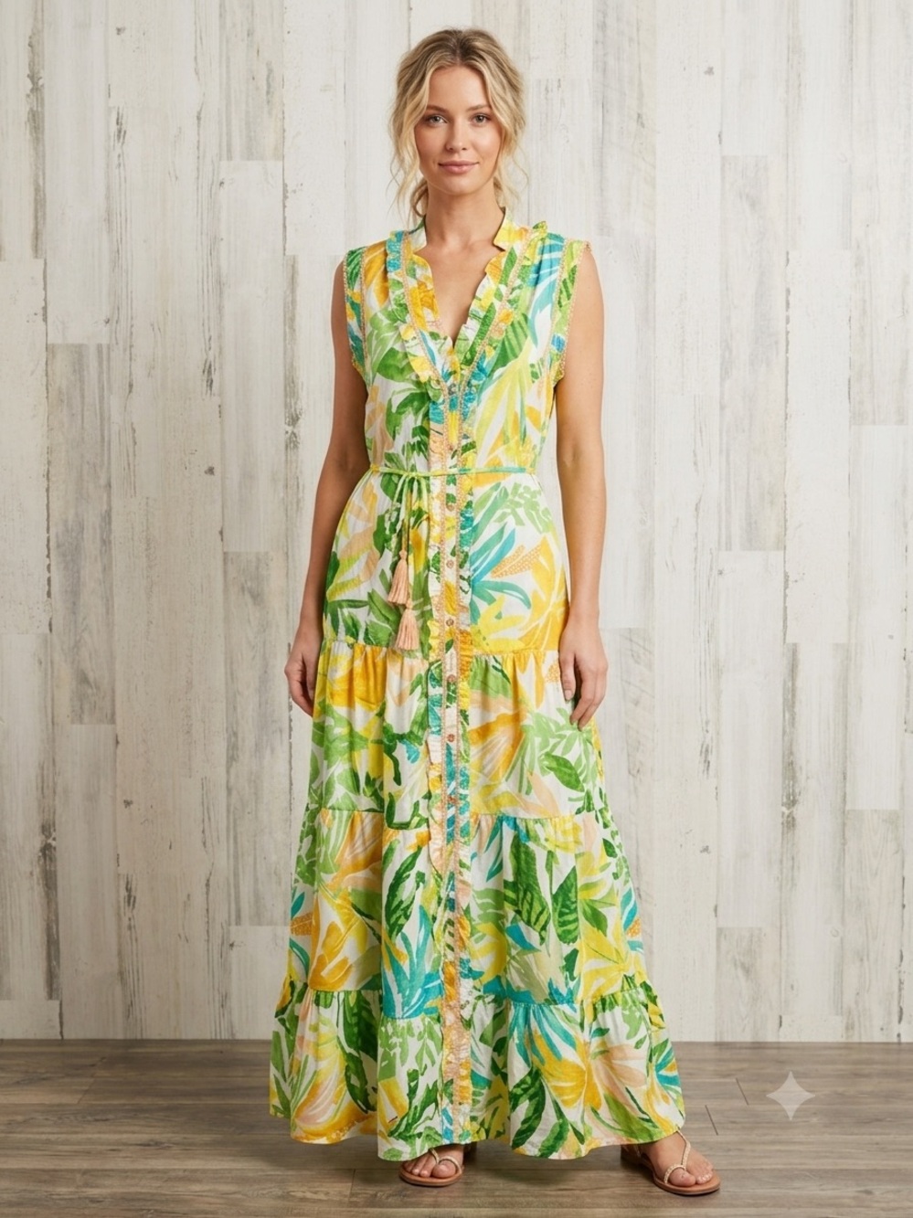 True Destinations Tropical Floral Tiered Maxi Dress Women's Size Large Boho